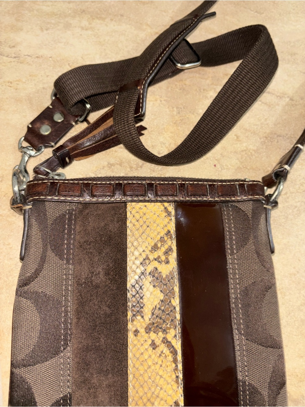 Coach VINTAGE Dark Brown Crossbody with Snake-Print suede & leather Stripe 2006 - Picture 6 of 11